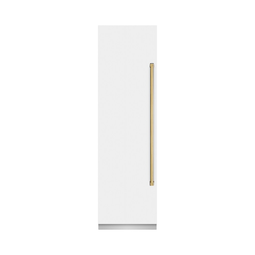 ZLINE Autograph Edition 24 in. 12.4 cu. ft. Column Freezer in White Matte with Graphite Gray Interior and Polished Gold Accents (RCFVZ-WM-24-G) front, closed.