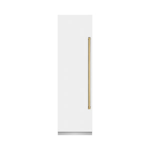 ZLINE Autograph Edition 24 in. 12.4 cu. ft. Column Freezer in White Matte with Graphite Gray Interior and Polished Gold Accents (RCFVZ-WM-24-G) front, closed.