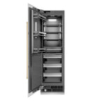 ZLINE Autograph Edition 24 in. 12.4 cu. ft. Column Freezer in White Matte with Graphite Gray Interior and Polished Gold Accents (RCFVZ-WM-24-G) front, open.