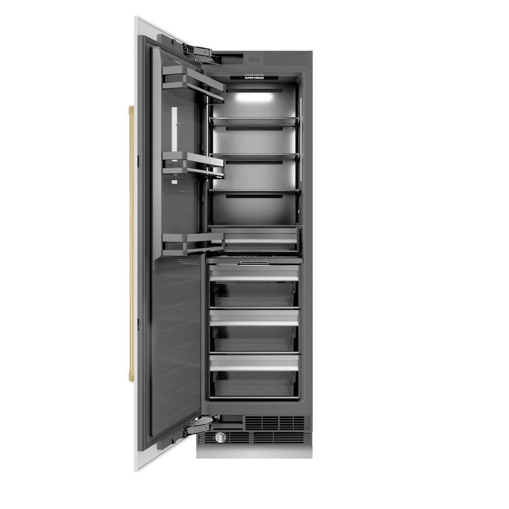 ZLINE Autograph Edition 24 in. 12.4 cu. ft. Column Freezer in White Matte with Graphite Gray Interior and Polished Gold Accents (RCFVZ-WM-24-G) front, open.