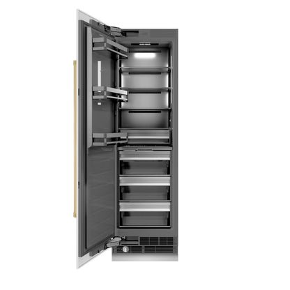 ZLINE Autograph Edition 24 in. 12.4 cu. ft. Column Freezer in White Matte with Graphite Gray Interior and Polished Gold Accents (RCFVZ-WM-24-G) front, open.