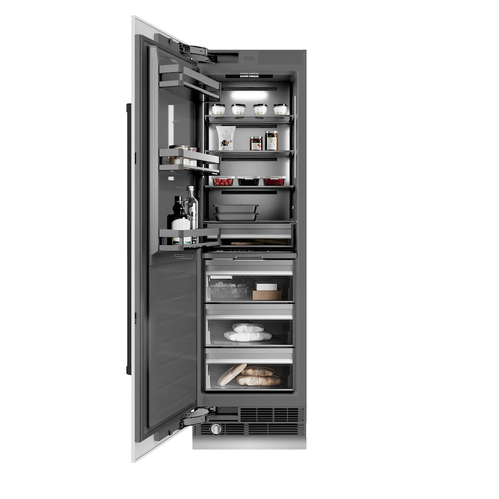 ZLINE Autograph Edition 24 in. 12.4 cu. ft. Column Freezer in White Matte with Graphite Gray Interior and Matte Black Accents (RCFVZ-WM-24-MB) front, open, with food inside.