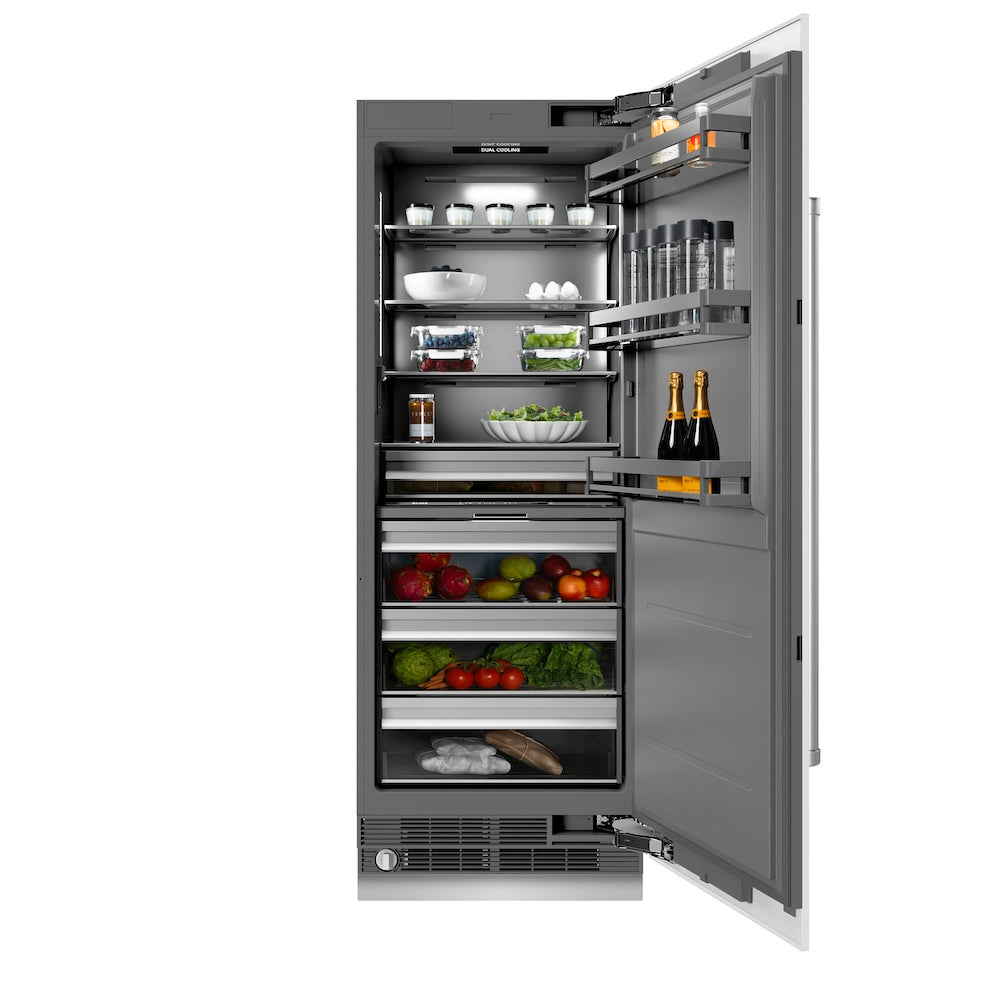 ZLINE 30 in. 16.7 cu. ft. Column Refrigerator in White Matte with Graphite Gray Interior (RCRV-WM-30) front, open, displaying various food and drink items.