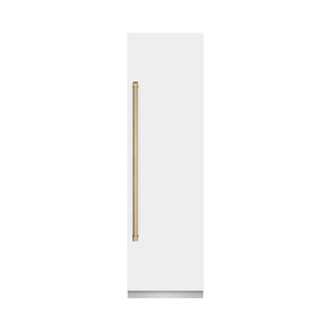 ZLINE Autograph Edition 24 in. 12.5 cu. ft. Column Refrigerator in White Matte with Graphite Gray Interior and Champagne Bronze Accents (RCRVZ-WM-24-CB) front, closed.