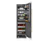 ZLINE Autograph Edition 24 in. 12.5 cu. ft. Column Refrigerator in White Matte with Graphite Gray Interior and Champagne Bronze Accents (RCRVZ-WM-24-CB) front, open, with food inside.