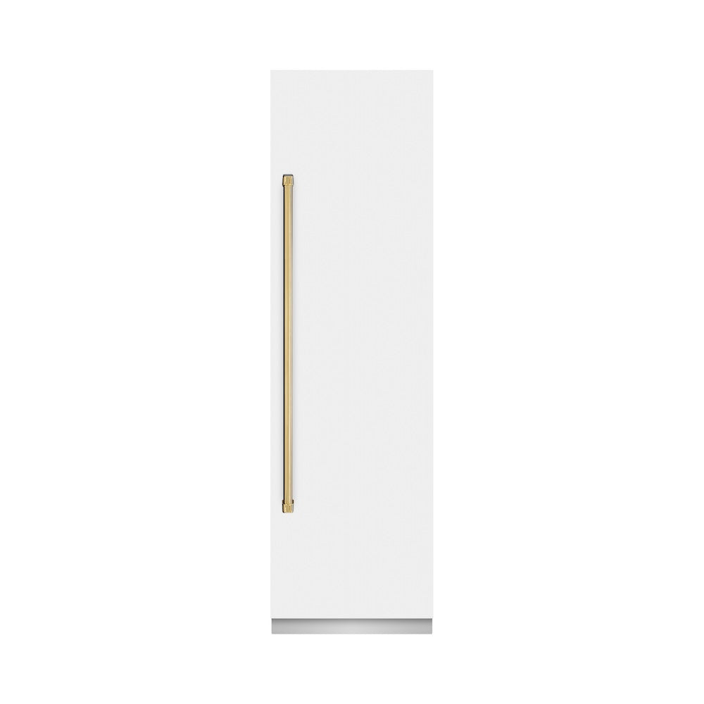 ZLINE Autograph Edition 24 in. 12.5 cu. ft. Column Refrigerator in White Matte with Graphite Gray Interior and Polished Gold Accents (RCRVZ-WM-24-G) front, closed.