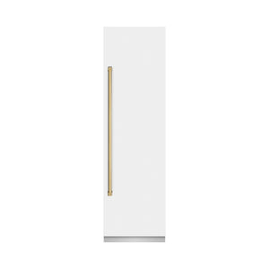 ZLINE Autograph Edition 24 in. 12.5 cu. ft. Column Refrigerator in White Matte with Graphite Gray Interior and Polished Gold Accents (RCRVZ-WM-24-G) front, closed.