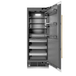 ZLINE Autograph Edition 30 in. 16.7 cu. ft. Column Refrigerator in White Matte with Graphite Gray Interior and Champagne Bronze Accents (RCRVZ-WM-30-CB) front, open.
