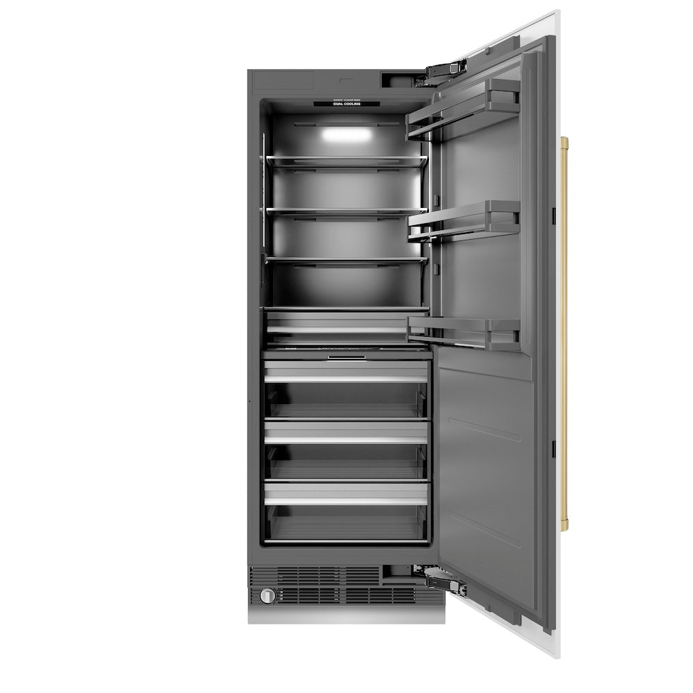 ZLINE Autograph Edition 30 in. 16.7 cu. ft. Column Refrigerator in White Matte with Graphite Gray Interior and Champagne Bronze Accents (RCRVZ-WM-30-CB) front, open.