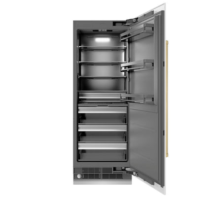ZLINE Autograph Edition 30 in. 16.7 cu. ft. Column Refrigerator in White Matte with Graphite Gray Interior and Champagne Bronze Accents (RCRVZ-WM-30-CB) front, open.