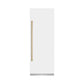 ZLINE Autograph Edition 30 in. 16.7 cu. ft. Column Refrigerator in White Matte with Graphite Gray Interior and Polished Gold Accents (RCRVZ-WM-30-G) front, closed.
