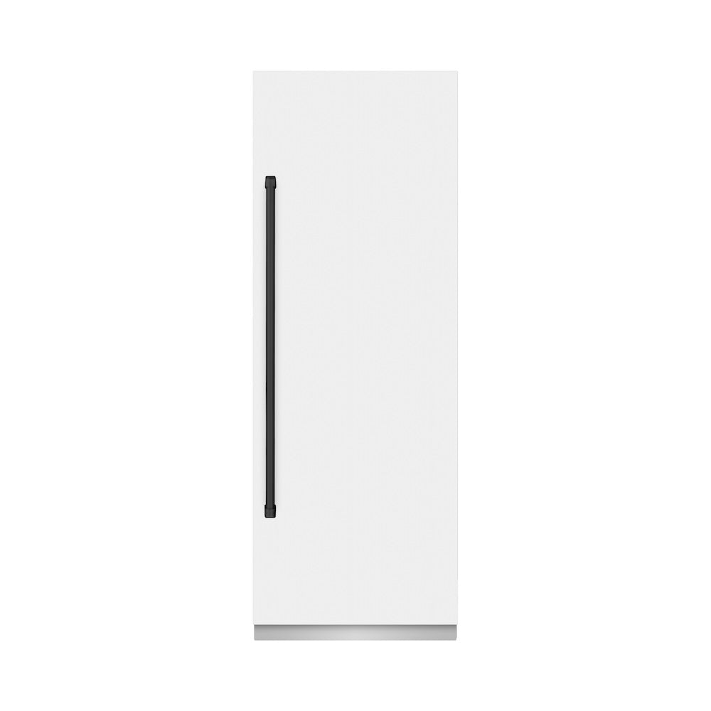 ZLINE Autograph Edition 30 in. 16.7 cu. ft. Column Refrigerator in White Matte with Graphite Gray Interior and Matte Black Accents (RCRVZ-WM-30-MB) front, closed.