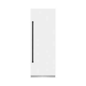 ZLINE Autograph Edition 30 in. 16.7 cu. ft. Column Refrigerator in White Matte with Graphite Gray Interior and Matte Black Accents (RCRVZ-WM-30-MB) front, closed.