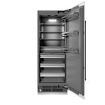 ZLINE Autograph Edition 30 in. 16.7 cu. ft. Column Refrigerator in White Matte with Graphite Gray Interior and Matte Black Accents (RCRVZ-WM-30-MB) front, open.
