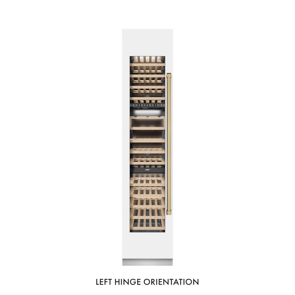 ZLINE Autograph Edition 18 in. 9.0 cu. ft. Triple Zone 68 Bottle Left Hinge Column Wine Cooler in White Matte with Champagne Bronze Accents (RCWVLZ-WM-18-CB) front, closed.