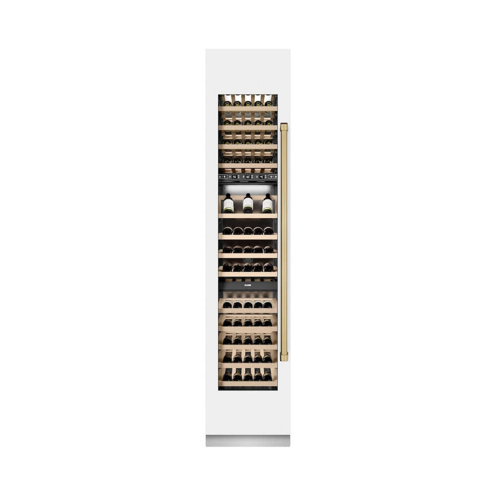 ZLINE Autograph Edition 18 in. 9.0 cu. ft. Triple Zone 68 Bottle Left Hinge Column Wine Cooler in White Matte with Champagne Bronze Accents (RCWVLZ-WM-18-CB) front, closed.