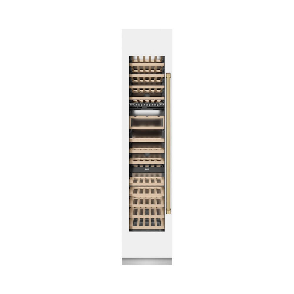 ZLINE Autograph Edition 18 in. 9.0 cu. ft. Triple Zone 68 Bottle Left Hinge Column Wine Cooler in White Matte with Champagne Bronze Accents (RCWVLZ-WM-18-CB) front, closed.
