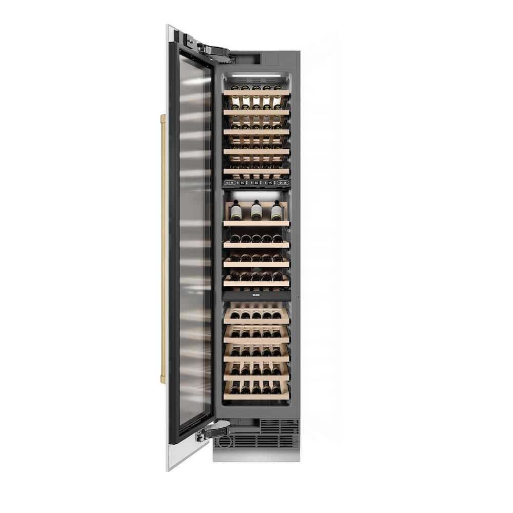 ZLINE Autograph Edition 18 in. 9.0 cu. ft. Triple Zone 68 Bottle Left Hinge Column Wine Cooler in White Matte with Champagne Bronze Accents (RCWVLZ-WM-18-CB) front, open.