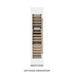 ZLINE Autograph Edition 18 in. 9.0 cu. ft. Triple Zone 68 Bottle Left Hinge Column Wine Cooler in White Matte with Polished Gold Accents (RCWVLZ-WM-18-G) front, closed.