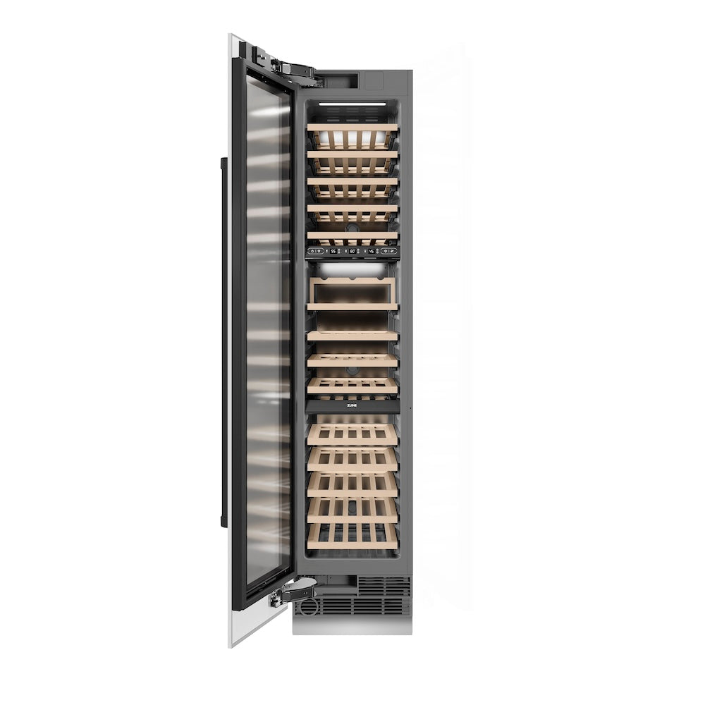 ZLINE Autograph Edition 18 in. 9.0 cu. ft. Triple Zone 68 Bottle Left Hinge Column Wine Cooler in White Matte with Matte Black Accents (RCWVLZ-WM-18-MB) front, open.