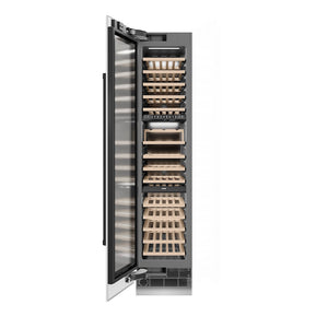 ZLINE Autograph Edition 18 in. 9.0 cu. ft. Triple Zone 68 Bottle Left Hinge Column Wine Cooler in White Matte with Matte Black Accents (RCWVLZ-WM-18-MB) front, open.