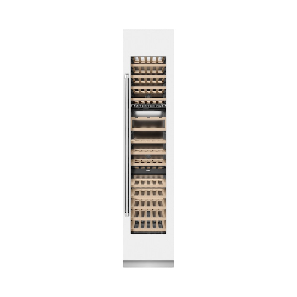 ZLINE 18 in. 9.0 cu. ft. Triple Zone 68 Bottle Right Hinge Column Wine Cooler in White Matte (RCWVR-WM-18) front, closed.