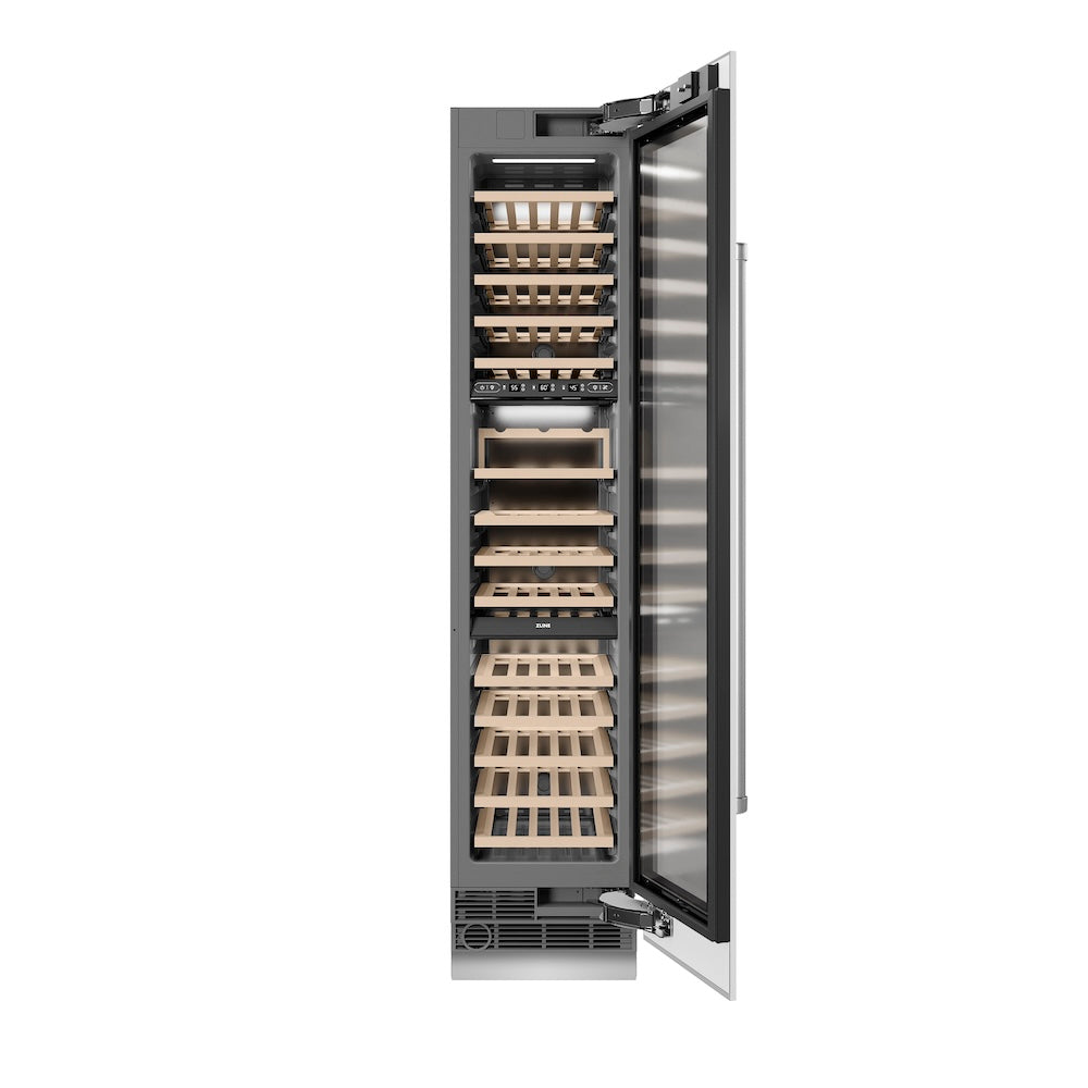 ZLINE 18 in. 9.0 cu. ft. Triple Zone 68 Bottle Right Hinge Column Wine Cooler in White Matte (RCWVR-WM-18) front, open.