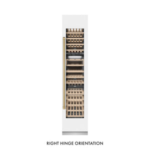 ZLINE Autograph Edition 18 in. 9.0 cu. ft. Triple Zone 68 Bottle Right Hinge Column Wine Cooler in White Matte with Champagne Bronze Accents (RCWVRZ-WM-18-CB) main image.