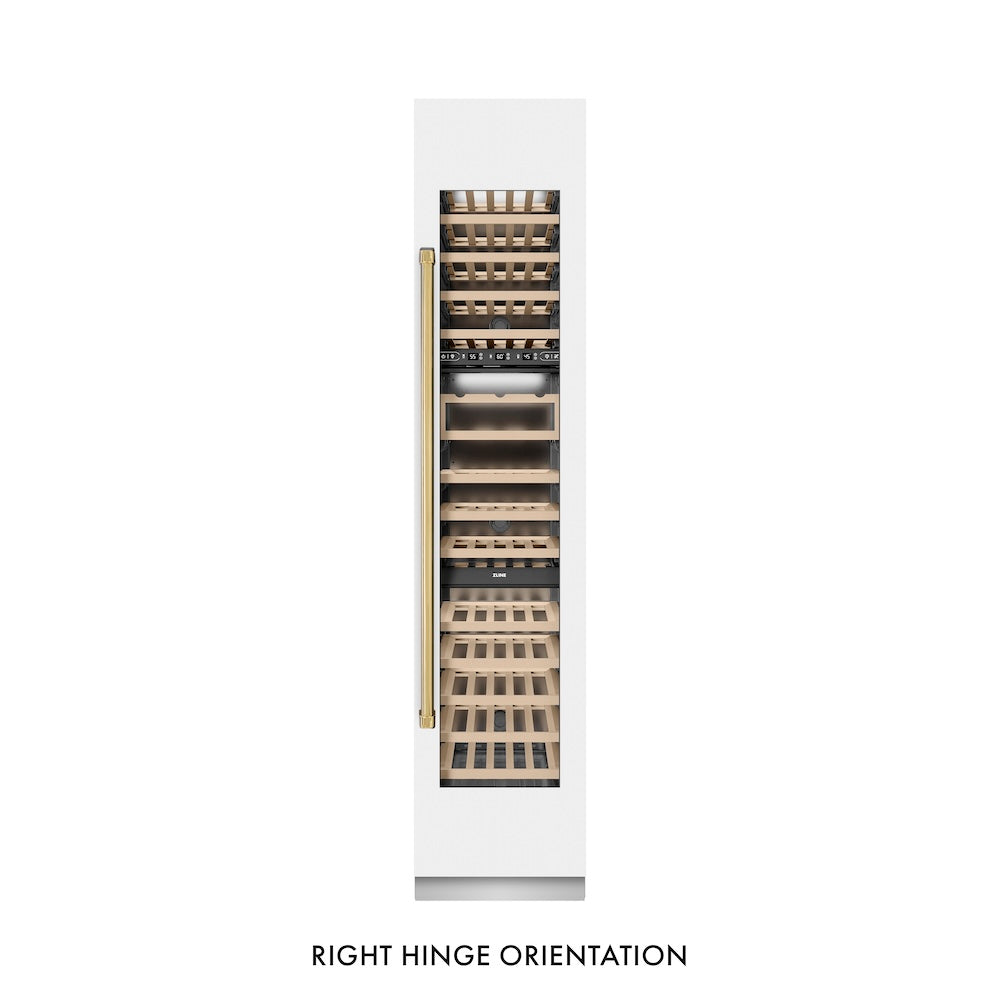 ZLINE Autograph Edition 18 in. 9.0 cu. ft. Triple Zone 68 Bottle Right Hinge Column Wine Cooler in White Matte with Polished Gold Accents (RCWVRZ-WM-18-G) front, closed.