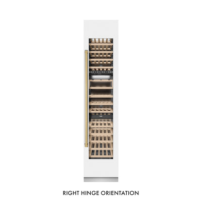 ZLINE Autograph Edition 18 in. 9.0 cu. ft. Triple Zone 68 Bottle Right Hinge Column Wine Cooler in White Matte with Polished Gold Accents (RCWVRZ-WM-18-G) front, closed.
