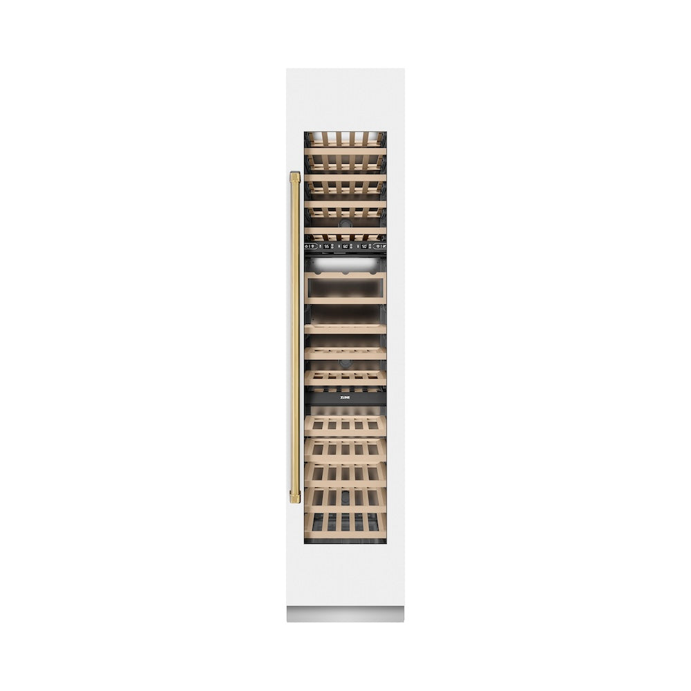 ZLINE Autograph Edition 18 in. 9.0 cu. ft. Triple Zone 68 Bottle Right Hinge Column Wine Cooler in White Matte with Polished Gold Accents (RCWVRZ-WM-18-G) front, closed.