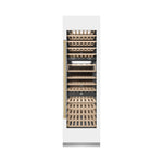 ZLINE Autograph Edition 24 in. 12.4 cu. ft. Triple Zone 100 Bottle Column Wine Cooler in White Matte and Champagne Bronze Accents (RCWVZ-WM-24-CB) front, closed.