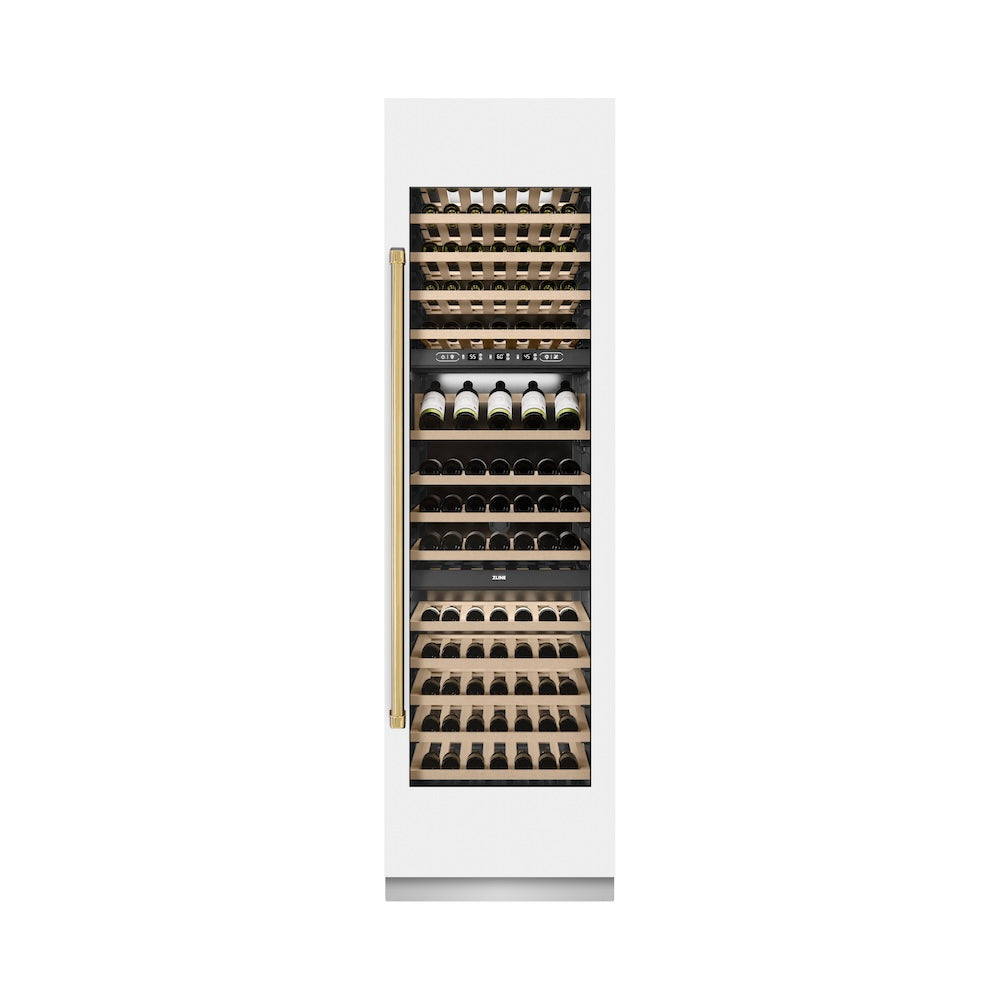 ZLINE Autograph Edition 24 in. 12.4 cu. ft. Triple Zone 100 Bottle Column Wine Cooler in White Matte and Polished Gold Accents (RCWVZ-WM-24-G) front, closed.