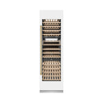 ZLINE Autograph Edition 24 in. 12.4 cu. ft. Triple Zone 100 Bottle Column Wine Cooler in White Matte and Polished Gold Accents (RCWVZ-WM-24-G) front, closed.