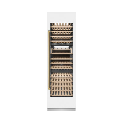 ZLINE Autograph Edition 24 in. 12.4 cu. ft. Triple Zone 100 Bottle Column Wine Cooler in White Matte and Polished Gold Accents (RCWVZ-WM-24-G) front, closed.