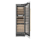 ZLINE Autograph Edition 24 in. 12.4 cu. ft. Triple Zone 100 Bottle Column Wine Cooler in White Matte and Polished Gold Accents (RCWVZ-WM-24-G) front, open.