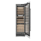 ZLINE Autograph Edition 24 in. 12.4 cu. ft. Triple Zone 100 Bottle Column Wine Cooler in White Matte and Matte Black Accents (RCWVZ-WM-24-MB) front, open.