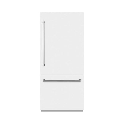 ZLINE 36 in. 19.8 cu. ft. Built-In Bottom Freezer Refrigerator with Water Dispenser and Ice Maker in White Matte with Graphite Gray Interior (GRBIT-WM-36) front, closed.