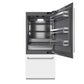 ZLINE 36 in. 19.8 cu. ft. Built-In Bottom Freezer Refrigerator with Water Dispenser and Ice Maker in White Matte with Graphite Gray Interior (GRBIT-WM-36) front, refrigeration compartment open.