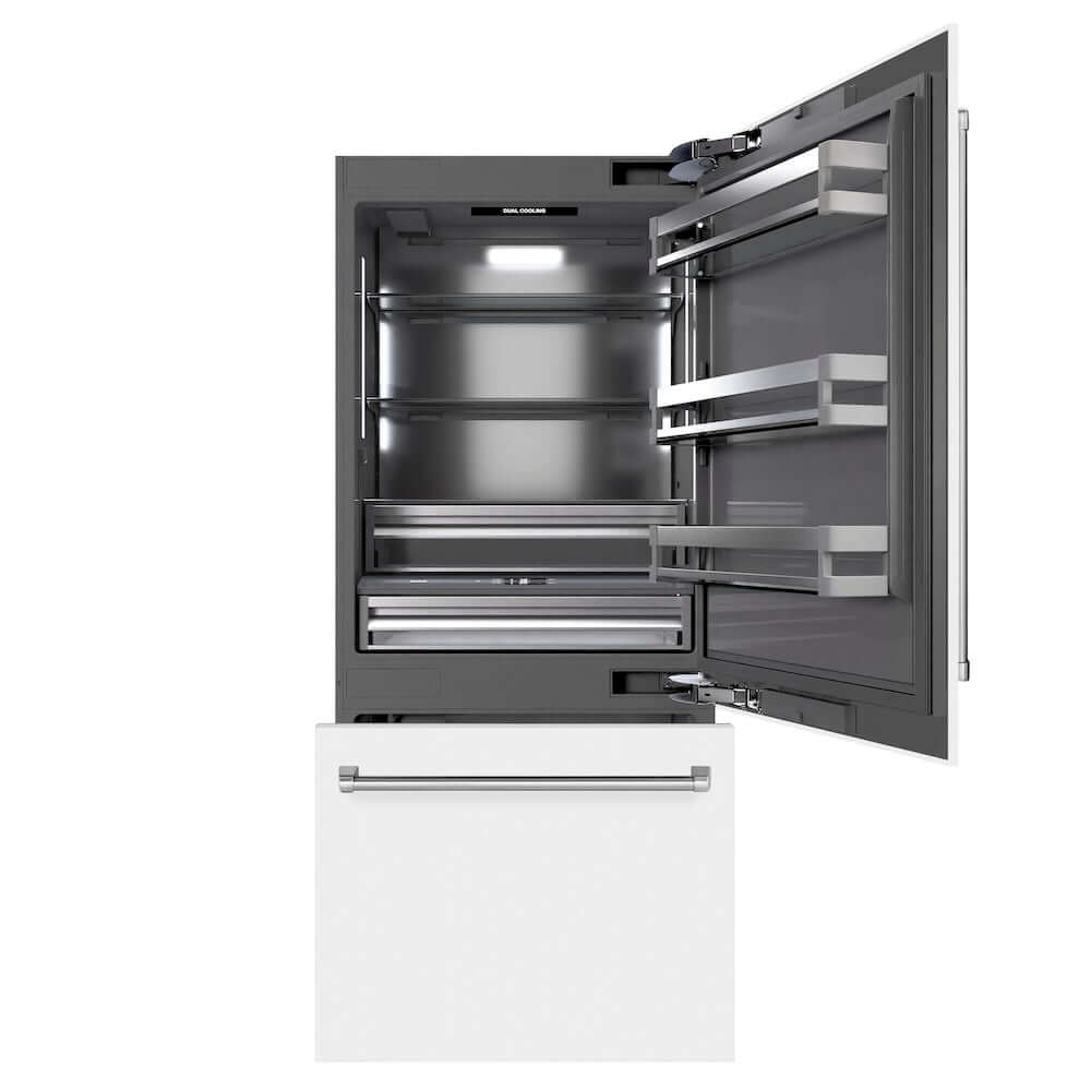 ZLINE 36 in. 19.8 cu. ft. Built-In Bottom Freezer Refrigerator with Water Dispenser and Ice Maker in White Matte with Graphite Gray Interior (GRBIT-WM-36) front, refrigeration compartment and bottom freezer drawers open.