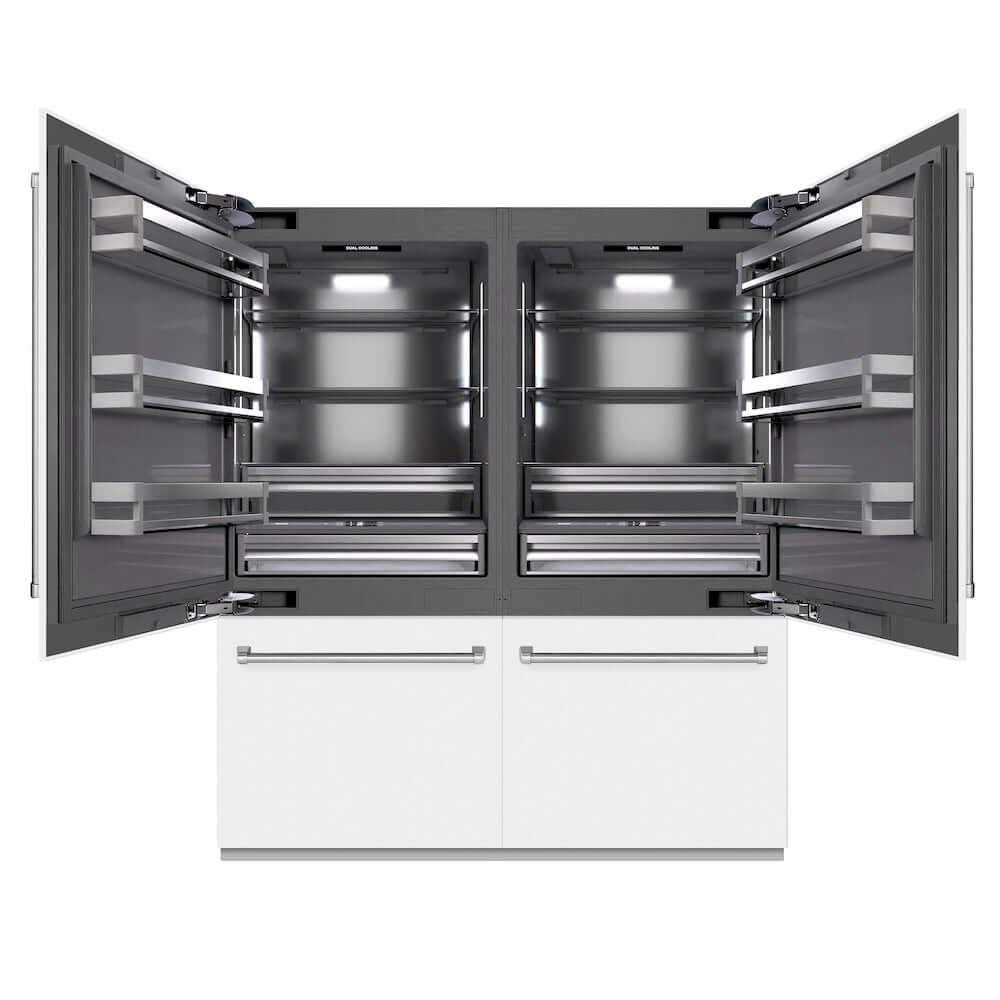 ZLINE 72 in. 39.6 cu. ft. French Door Built-In Bottom Freezer Refrigerator with Water Dispensers and Ice Makers in White Matte with Graphite Gray Interior (GRBIT-WM-72) front, refrigeration compartment open.