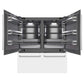 ZLINE 72 in. 39.6 cu. ft. French Door Built-In Bottom Freezer Refrigerator with Water Dispensers and Ice Makers in White Matte with Graphite Gray Interior (GRBIT-WM-72) front, refrigeration compartment and bottom freezer drawers open.