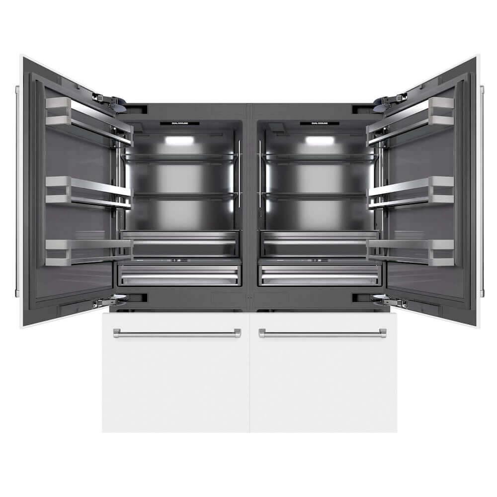 ZLINE 72 in. 39.6 cu. ft. French Door Built-In Bottom Freezer Refrigerator with Water Dispensers and Ice Makers in White Matte with Graphite Gray Interior (GRBIT-WM-72) front, refrigeration compartment and bottom freezer drawers open.