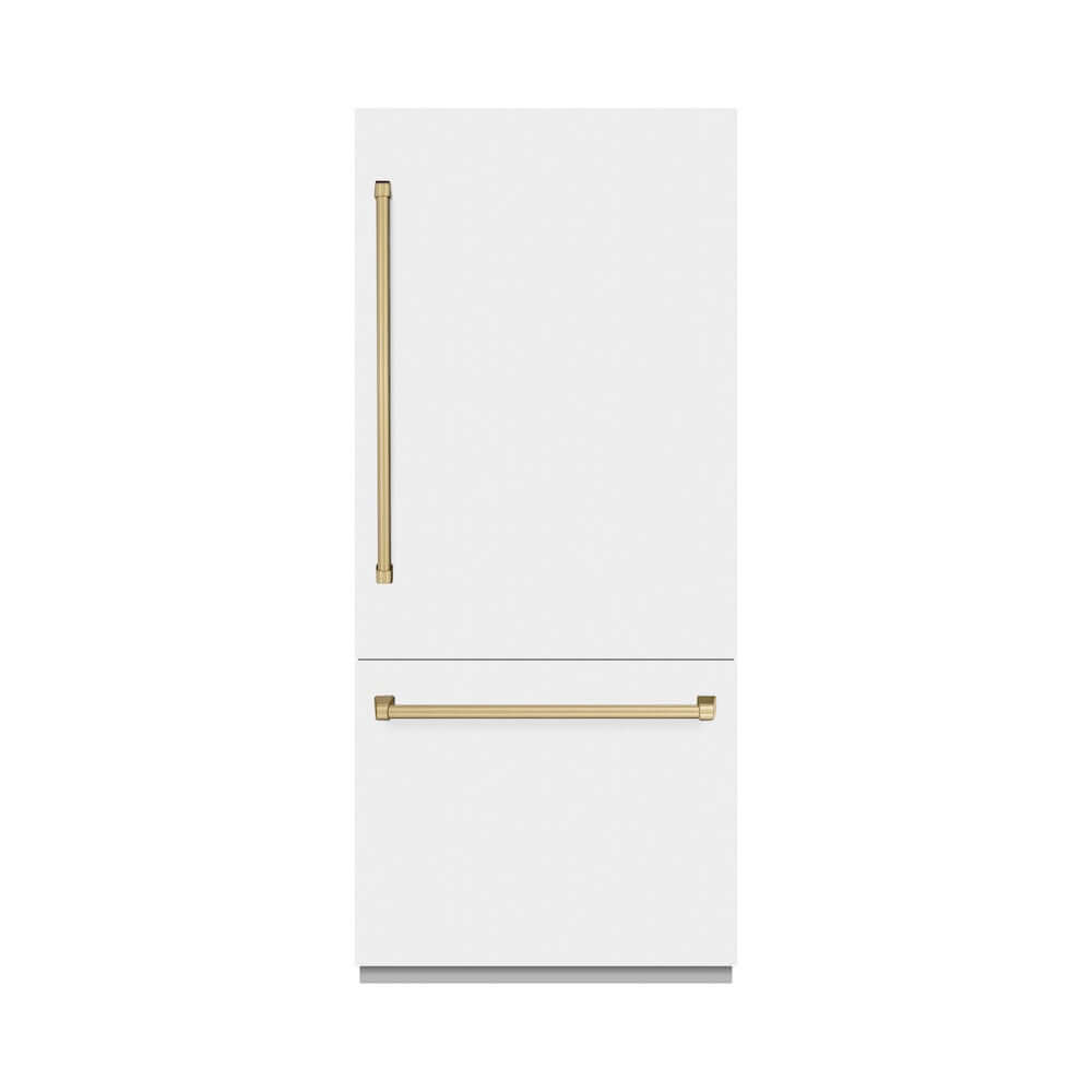 ZLINE Autograph Edition 36 in. 19.8 cu. ft. Built-In Bottom Freezer Refrigerator with Water Dispenser and Ice Maker in White Matte with Graphite Gray Interior and Champagne Bronze Accents (GRBITZ-WM-36-CB) main image.