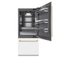 ZLINE Autograph Edition 36 in. 19.8 cu. ft. Built-In Bottom Freezer Refrigerator with Water Dispenser and Ice Maker in White Matte with Graphite Gray Interior and Champagne Bronze Accents (GRBITZ-WM-36-CB) front, refrigeration compartment open.