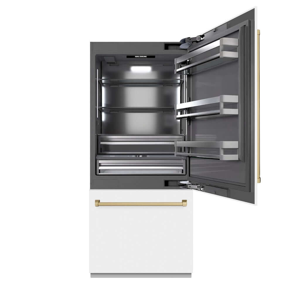 ZLINE Autograph Edition 36 in. 19.8 cu. ft. Built-In Bottom Freezer Refrigerator with Water Dispenser and Ice Maker in White Matte with Graphite Gray Interior and Champagne Bronze Accents (GRBITZ-WM-36-CB) front, refrigeration compartment open.