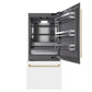 ZLINE Autograph Edition 36 in. 19.8 cu. ft. Built-In Bottom Freezer Refrigerator with Water Dispenser and Ice Maker in White Matte with Graphite Gray Interior and Champagne Bronze Accents (GRBITZ-WM-36-CB) front, refrigeration compartment and bottom freezer drawers open.