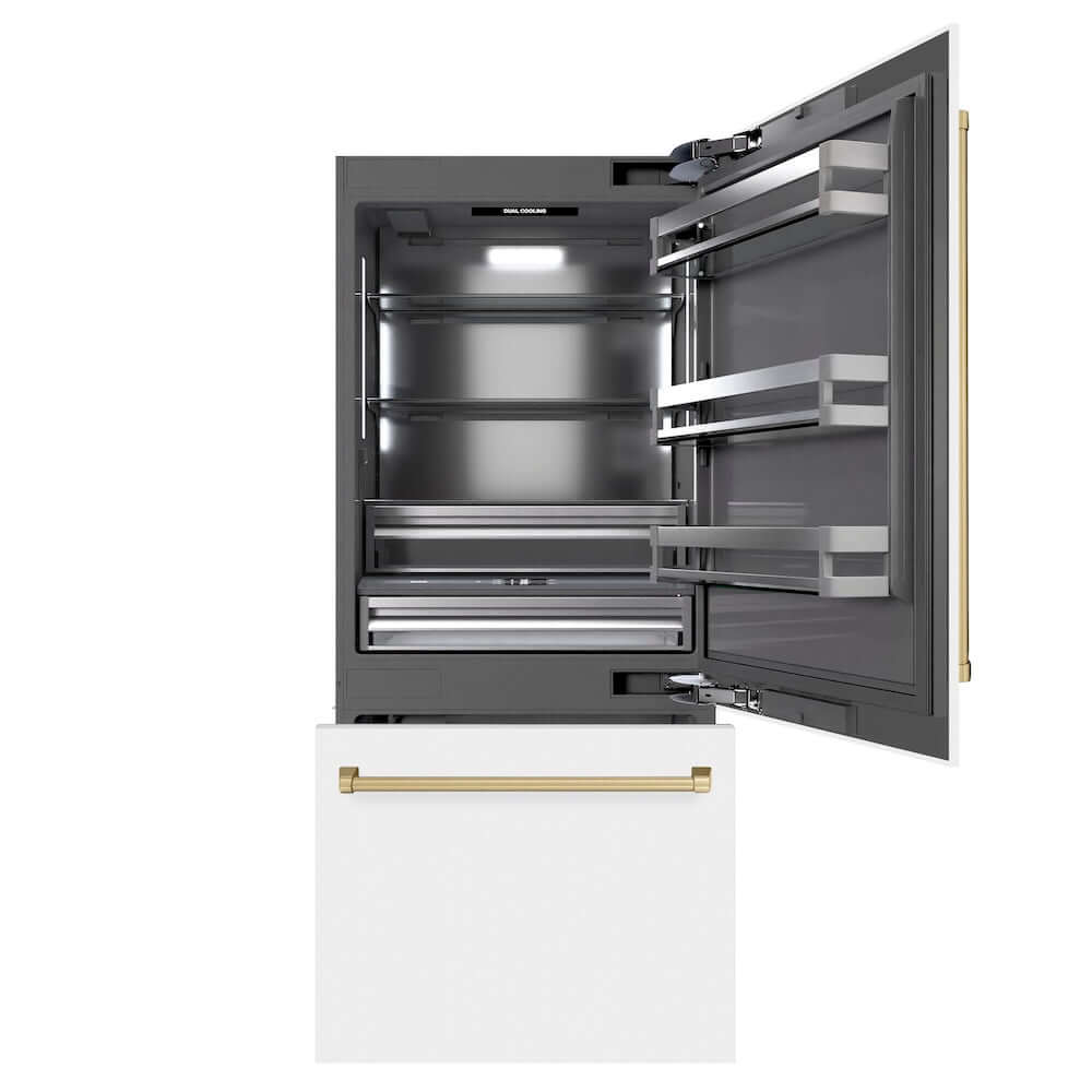 ZLINE Autograph Edition 36 in. 19.8 cu. ft. Built-In Bottom Freezer Refrigerator with Water Dispenser and Ice Maker in White Matte with Graphite Gray Interior and Champagne Bronze Accents (GRBITZ-WM-36-CB) front, refrigeration compartment and bottom freezer drawers open.