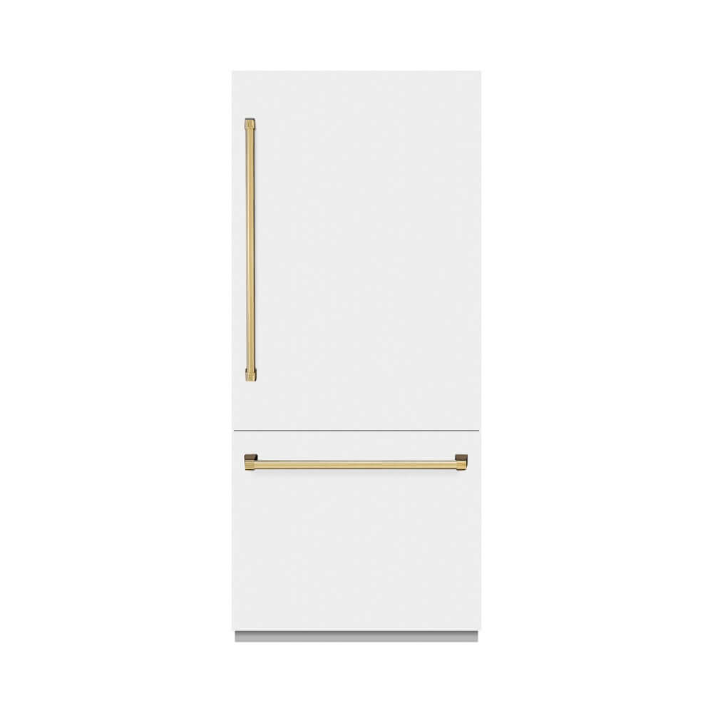 ZLINE Autograph Edition 36 in. 19.8 cu. ft. Built-In Bottom Freezer Refrigerator with Water Dispenser and Ice Maker in White Matte with Graphite Gray Interior and Polished Gold Accents (GRBITZ-WM-36-G) front, closed.