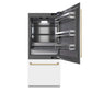 ZLINE Autograph Edition 36 in. 19.8 cu. ft. Built-In Bottom Freezer Refrigerator with Water Dispenser and Ice Maker in White Matte with Graphite Gray Interior and Polished Gold Accents (GRBITZ-WM-36-G) front, refrigeration compartment open.